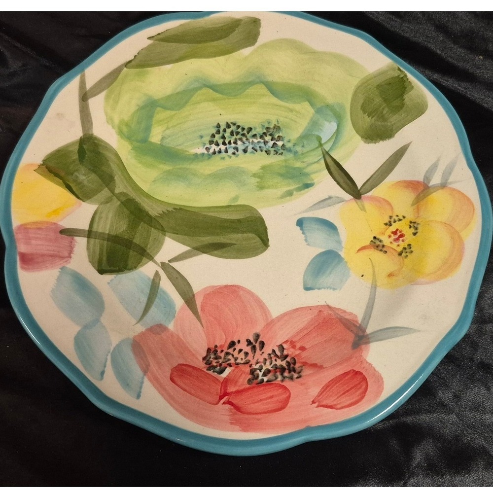 Pioneer Woman Flea Market Floral Salad Plate Scalloped Turquoise Rim 8.5"